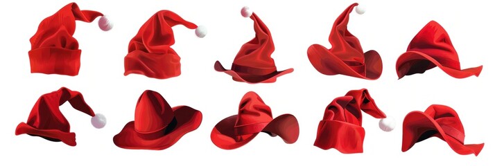 Fototapeta premium vector graphics of Set of red Christmas Santa Claus hats isolated on white background.