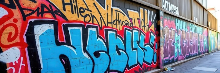 Guy in casual attire and protective mask standing in front of wall of building and painting graffiti artwork in the city, street art, urban art, property damage