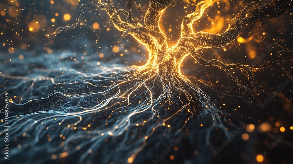 Poster glowing tree with intricate branches and roots