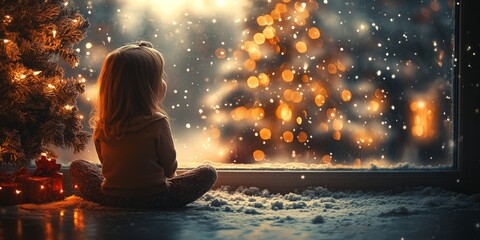 Obraz premium Little Girl Sitting by the Christmas Tree, Capturing a Magical Holiday Moment with Christmas Decor, Holiday Joy, and the Festive Spirit in a Cozy, Family Home Setting.