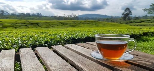 Fototapeten A cup of tea on a wooden table overlooking lush tea fields. © Sebelas Studio