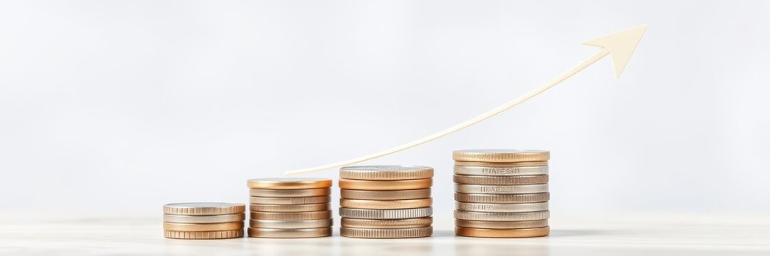 Stacked pile of shiny coins with an upward arrow symbol on top, representing growth and success in finance and wealth accumulation, monetary momentum, stacked coins, growth