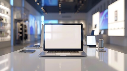 Naklejka premium Sleek Laptop Display with Digital Devices for E-Commerce Technology Store Design