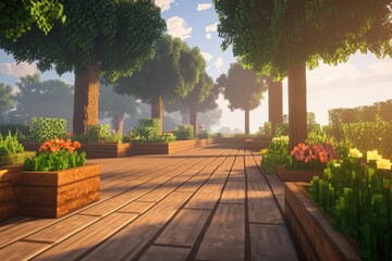 Obraz premium Serene wooden walkway through lush green forest landscape