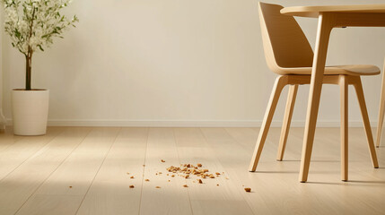 A wooden chair with a white cushion sits in front of a white wall