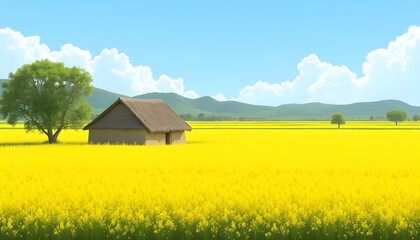 Serene Countryside with Thatched Hut in a Yellow Mustard Flower Field