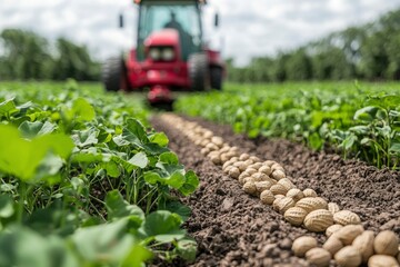 Obraz premium A Tractor Planting Peanuts in a Field