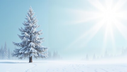 Obraz premium Lone snowy tree in winter landscape under bright sunlight