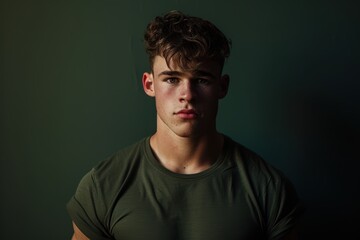 Obraz premium Determined Young Man Against Deep Green Background for Strength and Focus Concepts