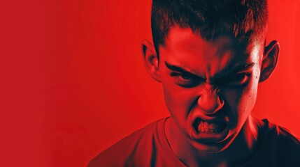 Fototapeta premium Frustrated Young Man Against Bold Red Background - Expression of Annoyance and Emotion