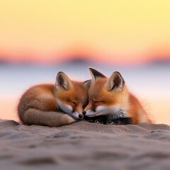 Adorable Baby Red Foxes Cuddling on Nova Scotia Beach in June