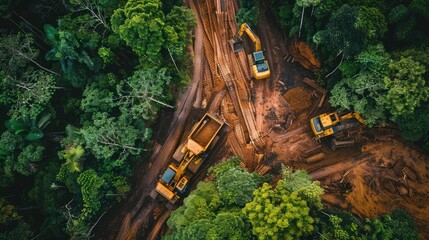 Aerial View of Heavy Machinery Clearing a Rainforest for Development