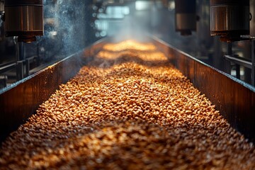 Roasted Cashews Flowing Through a Factory Conveyor Belt