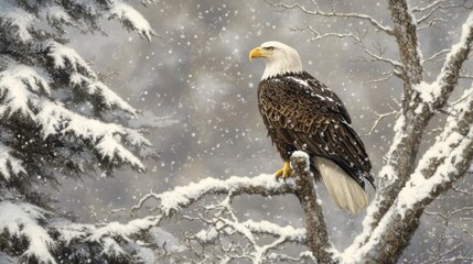 A bald eagle perched on a snowy tree, its feathers contrasting sharply with the winter landscape.