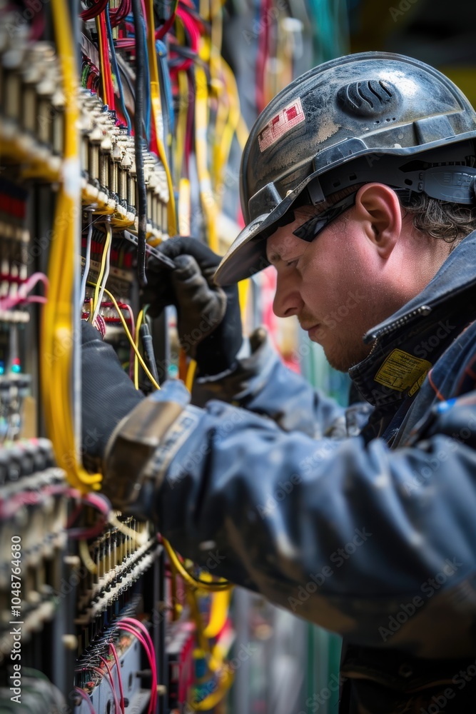 Poster skilled electrician adjusting control panel wiring for safe and efficient operation