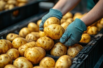 Person Wearing Gloves Holding and Sorting Potatoes in a Crate
