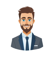 A professional-looking cartoon businessman with a beard, wearing a suit and tie. This character represents confidence, professionalism, and a friendly demeanor, ideal for corporate themes.