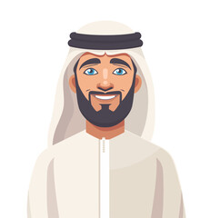 A cartoon illustration of a smiling Arab man wearing traditional clothing, including a keffiyeh and thobe. The friendly expression and cultural attire represent warmth, culture, and tradition.