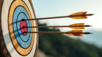 Three arrows hitting the target in outdoor archery sports.