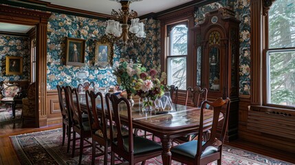Ornate Dining Room with Floral Wallpaper and Wooden Furniture