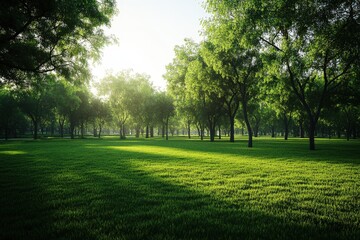 Fototapeta premium Lush green park with trees and sunlight