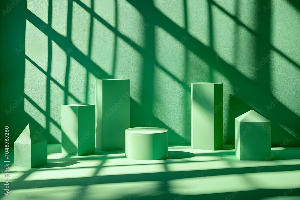 Poster green geometric shapes with shadows creating patterns in sunlight