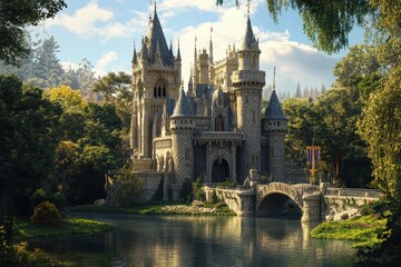 Majestic castle surrounded by lush greenery and a tranquil lake