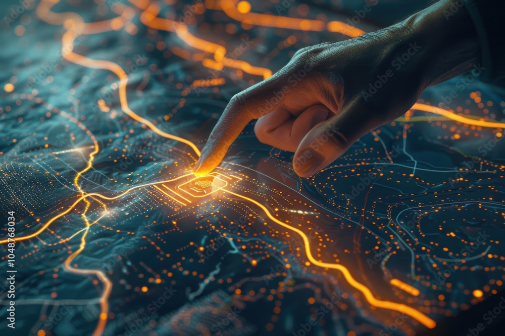 Poster navigating digital strategies: hand tracing glowing routes on touchscreen map
