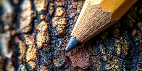 A pencil is on a tree trunk
