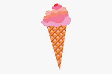 Cherry fruit Ice Cream in waffle cone in trendy paper cut style. Craft tasty bright summer dessert on white background for package design, T-shirt printing. 3d vector card illustration icon.