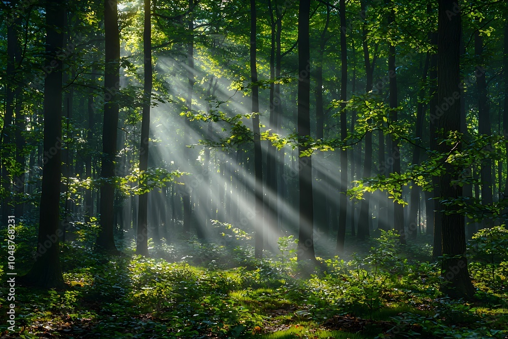 Poster sunlight filtering through trees in a tranquil forest setting