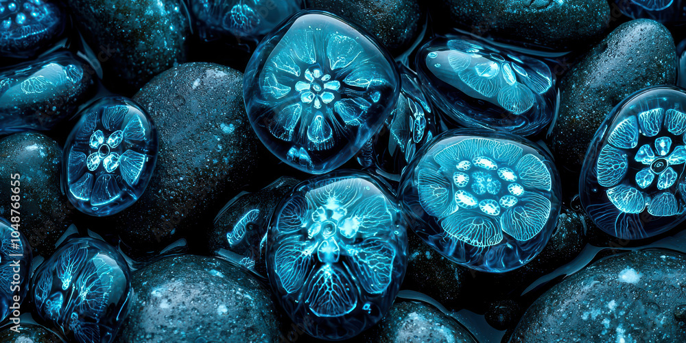 Poster a collection of blue, translucent rocks with a flowery pattern