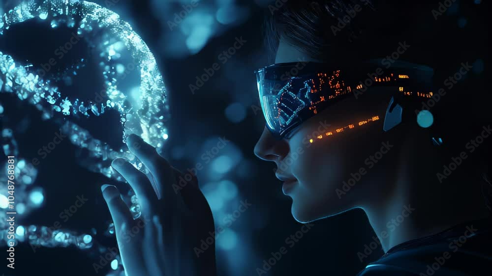 Aufkleber person interacts with a futuristic technology display featuring virtual dna and augmented reality in