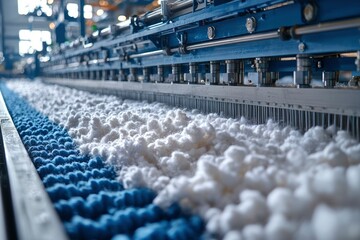 Obraz premium Close-up of Blue and White Cotton Fibers Being Processed by a Textile Machine