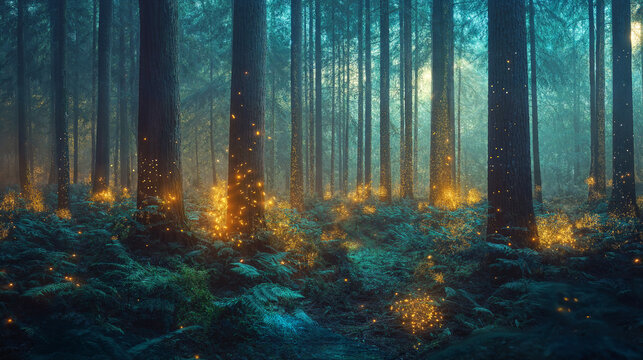 Foresta incantata con luci dorate al crepuscolo, tonalit&agrave; verdi e azzurre