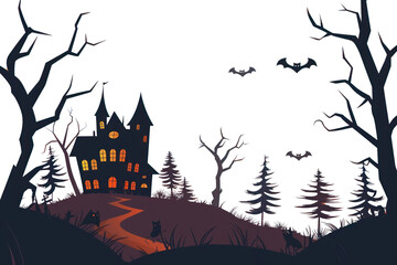 Fototapeta premium PNG Halloween background with silhouette of haunted house halloween spooky trees.