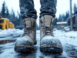 Close-up of sturdy boots in snowy winter setting, highlighting durability and style.
