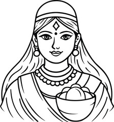 A drawing of a woman with a bowl of food in her hand