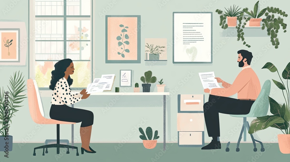 Poster a manager sitting with a customer at a desk, both reviewing important documents and signing agreemen