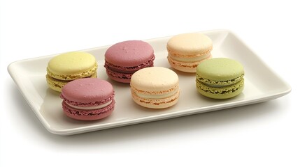 Obraz premium A neatly arranged plate of assorted macarons in pastel colors, featuring flavors like vanilla, pistachio, and raspberry.
