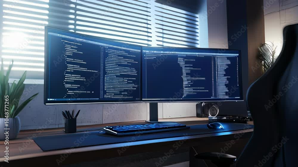 Poster a modern home office with dual monitors, featuring a coding workspace setup, blending technology and
