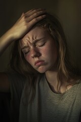 Distressed young woman with eyes closed and hand on forehead