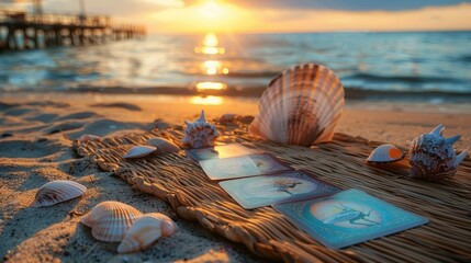 Coastal Tarot Reading at Sunset with Seashells on a Woven Mat by the Beach