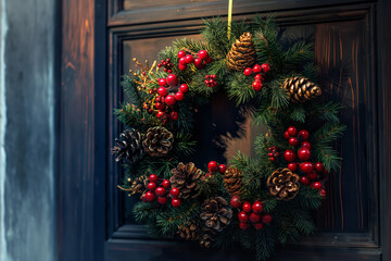 Fototapeta premium Beautiful decorated Christmas wreath perfect for greeting card and xmas design. Colorful Merry Christmas scene. 