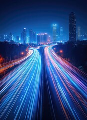 Obraz premium A long exposure shot of a highway with cars speeding through the city at night, creating streaks of light.