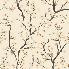 Vintage Spring blossoming tree pattern on vintage beige fabric background, seamless repeating pattern, textile print style, minimal, Spring design, seamless blossoming tree pattern, home decor, 