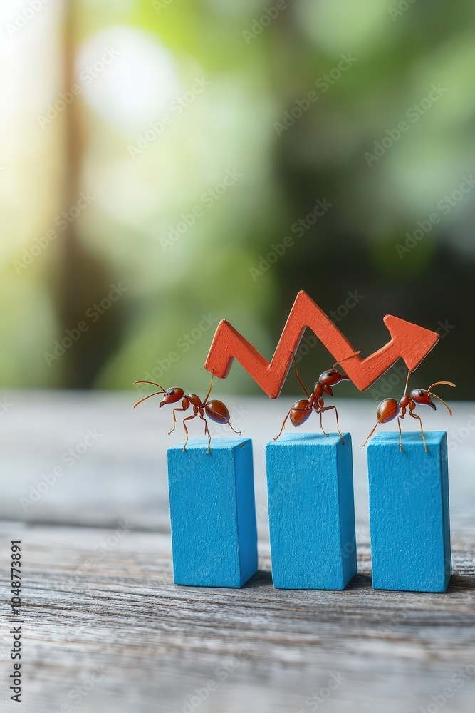Poster ants carrying upward-pointing arrows on a bar graph, symbolizing team-driven success