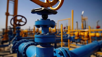 Close-up of a blue valve on a pipeline, with other pipes and valves in the background.