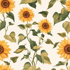 Vintage sunflower field pattern on vintage beige fabric background, seamless repeating pattern, textile print style, minimal, nature design, seamless sunflower field pattern, home decor