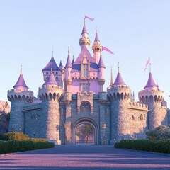 Fototapeta premium Enchanting fairytale castle with pink turrets and flags against a blue sky